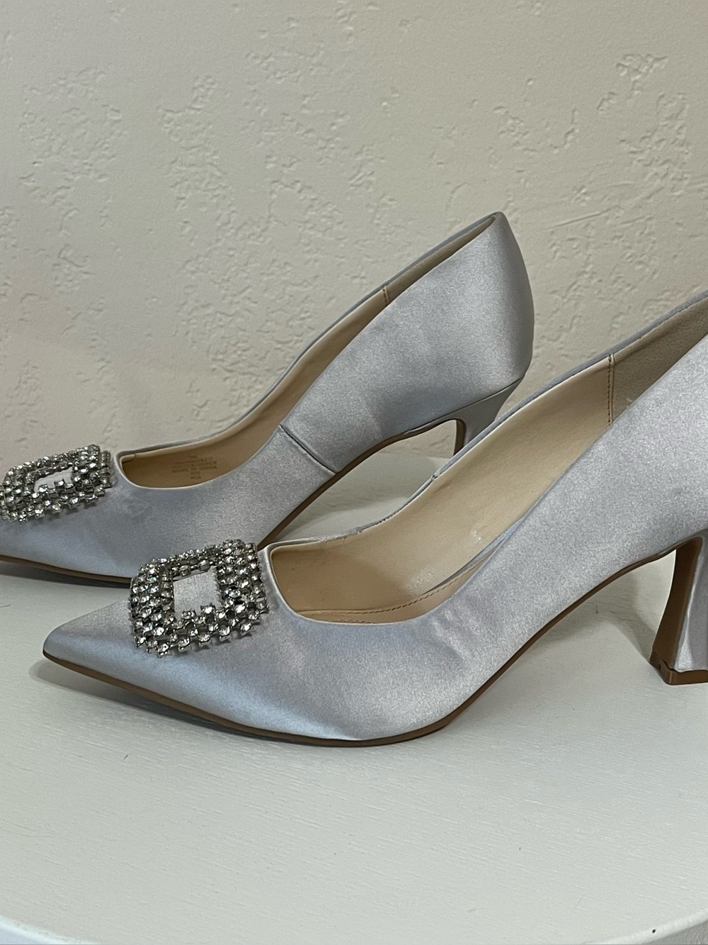 Nine West - Silver Satin Pointed-Toe Mid Heel Pumps with Crystal Buckle